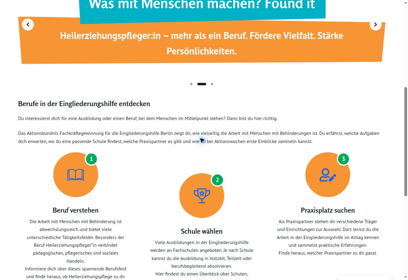 Startseite der Referenz AFgE Berlin mit farbigen Zugängen zu Berufen, Schulen und Praxispartnern.