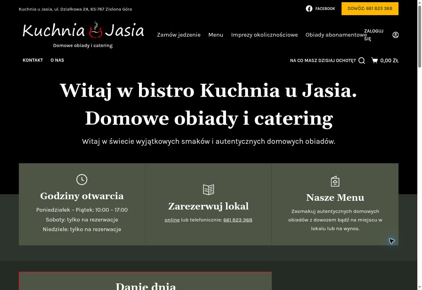Startseite der Referenz Kuchnia u Jasia mit Speisekarte, Tagesgerichten und Online-Bestellung.