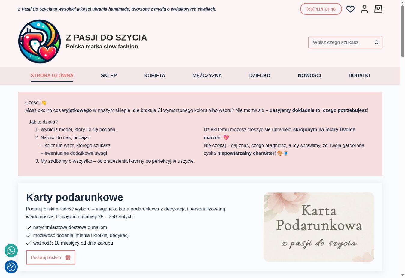 Startseite der Referenz Z Pasji do Szycia mit Slow-Fashion-Kollektionen für Frauen, Männer und Kinder.